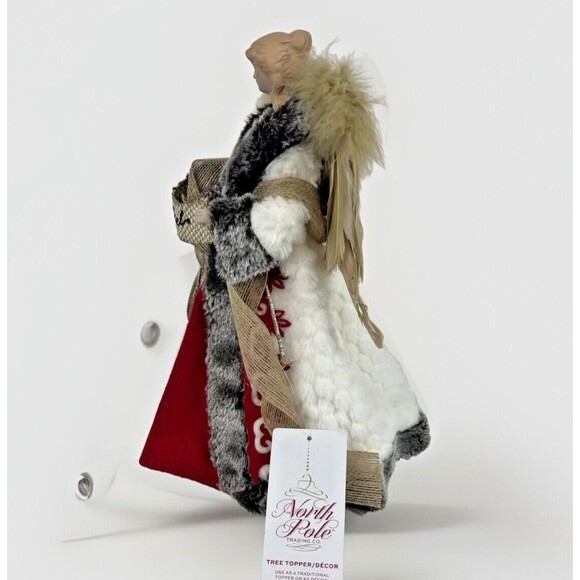 North Pole Trading Co Angel Tree Topper Noel Feather Wings Red Fur trim 13" Tall - Picture 6 of 8